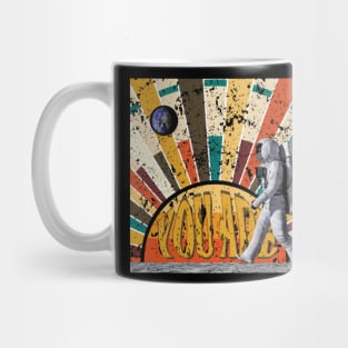 Astronaut in front of vintage stripes design, picture. Orange, gold, brown. Mug